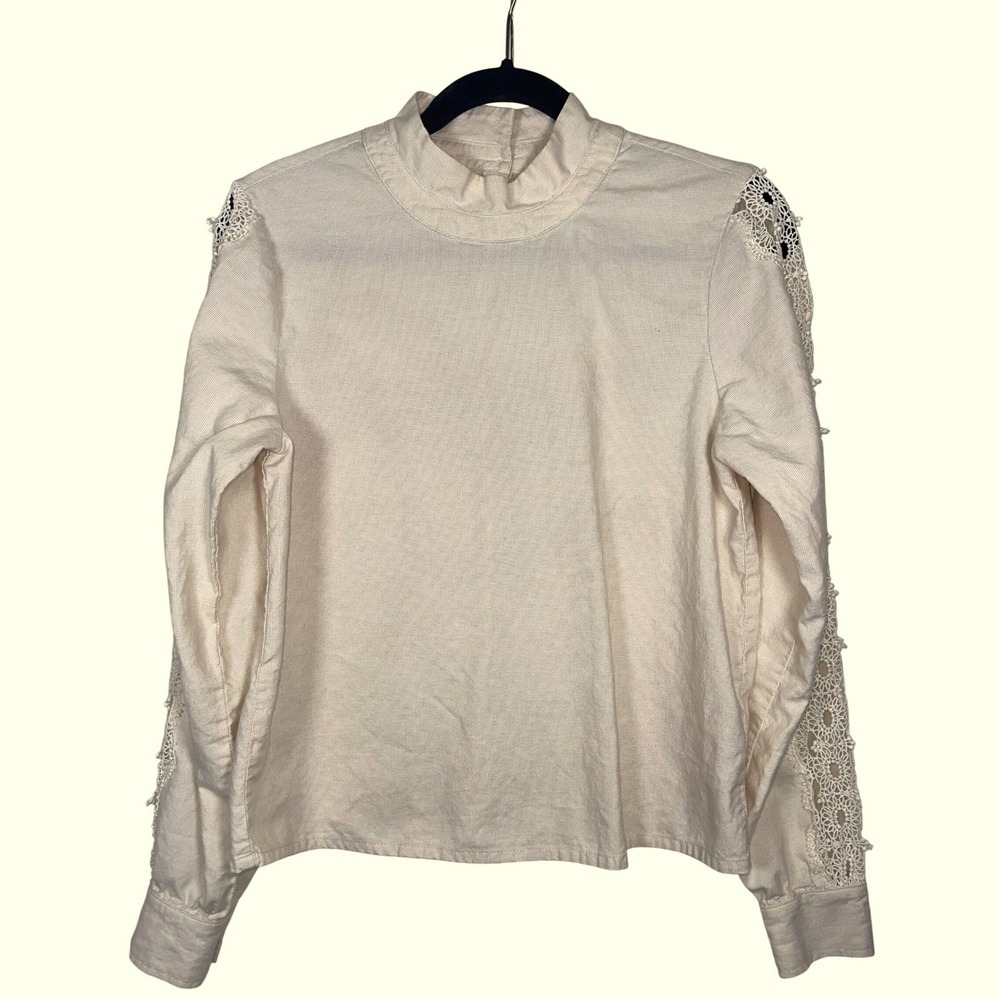 Cotélac‎ Acoté Cream Button Back Blouse Crochet Sleeve Top Size 0 (US4) *STAIN*